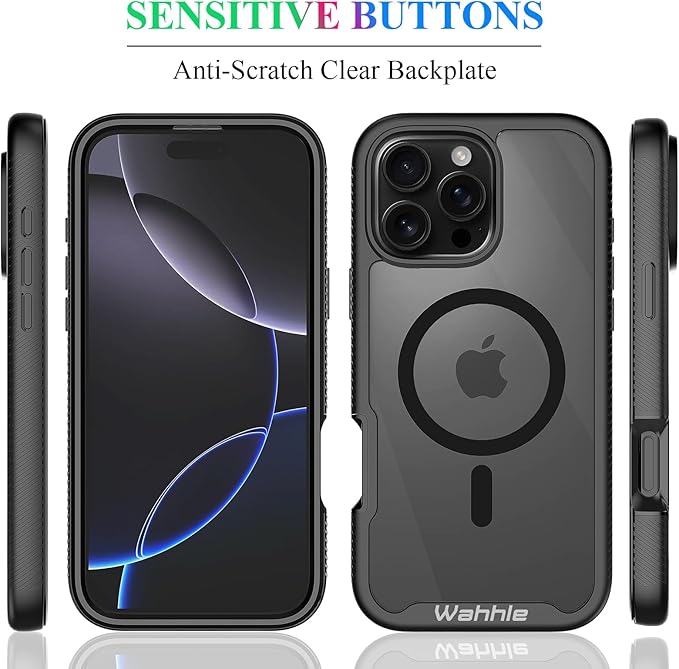 wahhle Compatible with iPhone 16 Pro Max Case, Magnetic Built in Screen Protector Full Body Shockproof Slim Fit Bumper Protective Phone Cover 6.9'' Men Women-Black/Clear