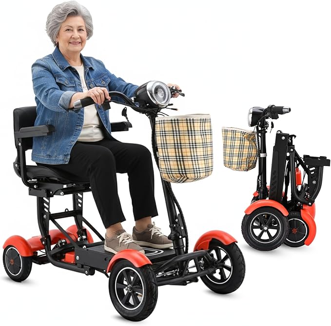 Dragon Mobile EX 4 Wheel Foldable Mobility Scooter for Adults, Elderly & Travel - All Terrain Aluminum Alloy Power Wheelchair with Premium Large Seat - Front Basket Included (Matte Red)