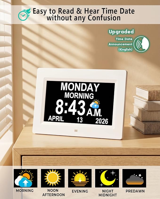 【Upgraded】27 Alarms Digital Talking Clock with Day and Date, Custom Reminders, 1280*800p HD Dsiplay, 10-Levels Dimmer, Auto DST, Sleep Trainer for Elderly Dementia, Voice-Talking with Remote