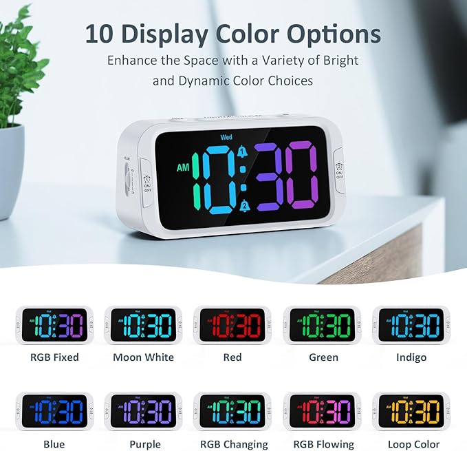Odokee Dual Colorful Alarm Clock for Kids Bedroom - 0-100% Dimmer, 5 Alarm Sounds, USB Charger, Easy to Set, Weekday/Weekend Mode, Snooze, 12/24Hr, Battery Backup, Digital Clock for Teens Boys Bedside