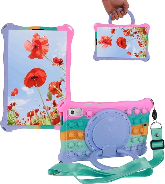 Silicone Tablet Case 360 Rotating Kickstand/Handle and Shoulder Strap Stylus Pen Lightweight Soft Cover Compatible with Lenovo Tab M9 9.0 inch (TB-310FU) Rainbow