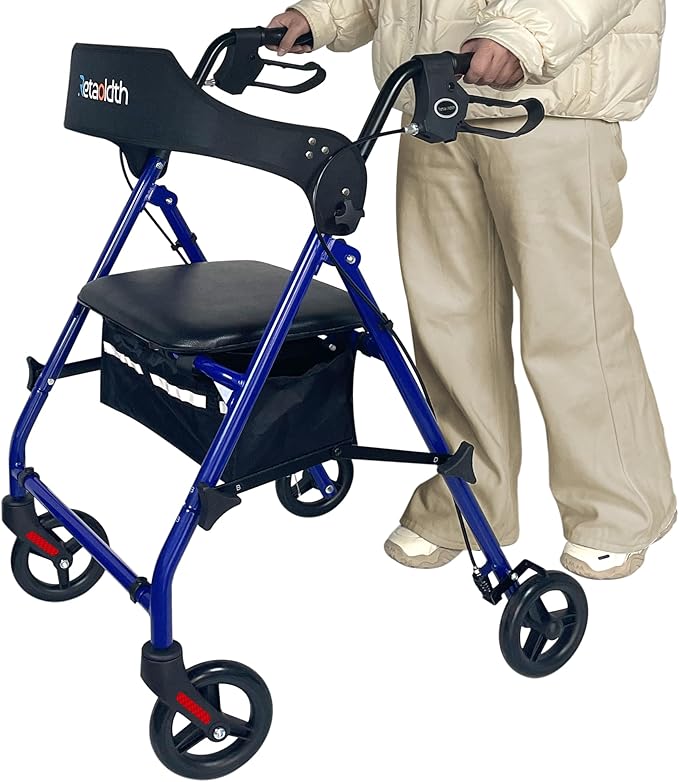 Rollator Walkers for Seniors with Seat, Foldable & One-Hand Carry, Upgraded Rolling Walker with Seat for Seniors, Handles Height Adjustable Rolling Walker for Seniors, Walking & Seated Rest, Blue