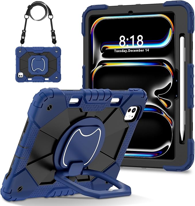 Dteck for iPad Pro 11 inch (M4/M5) 2024/2025 Release Shockproof Case with Shoulder Strap/Pencil Holder/Rotating Kickstand Handle, Heavy-Duty Sturdy Rugged Cover, Protective Tablet Shell, Blue Black