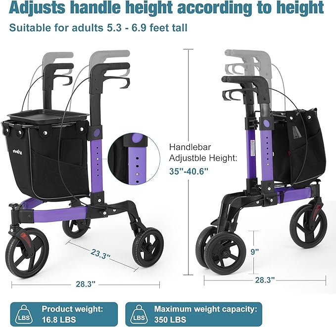 3 Wheel Walkers for Seniors, Foldable Rollator Walker with Tray & Large Storage Bag, 10" Big Wheel for All Terrain, 350 lb Weight Capacity, Purple