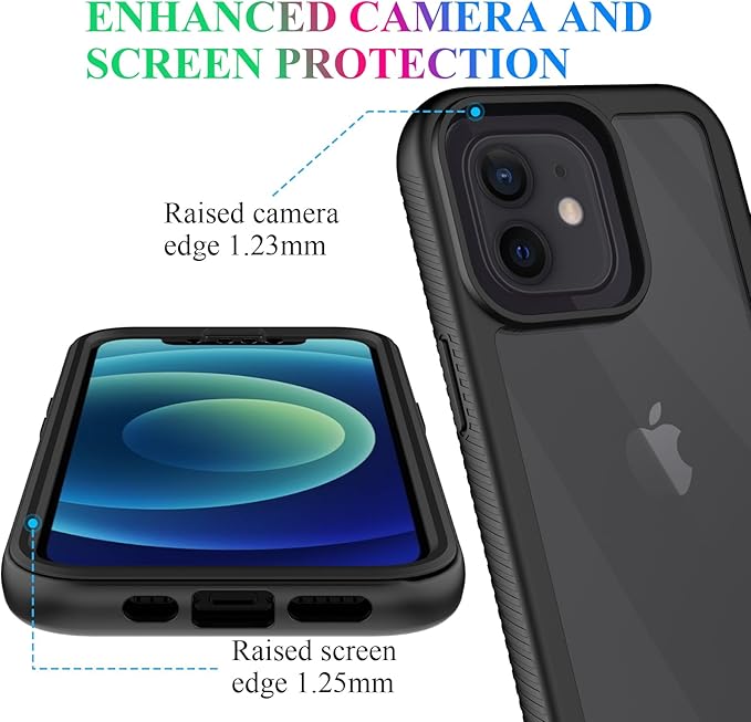wahhle Compatible with iPhone 12/12 Pro Case, Built in Screen Protector Full Body Shockproof Slim Fit Bumper Protective Phone Cover 6.1'' Men Women-Black/Clear