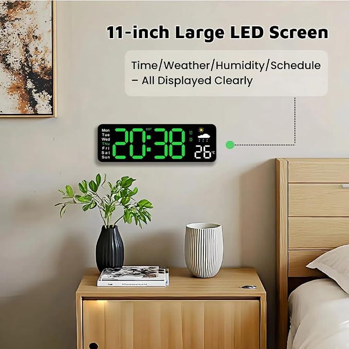 Large LED Digital Wall Clock with Alarm Timer - Auto Dimming Clock with Temperature, Weather and Calendar, Remote Control, Classroom Décor, for Bedroom, Office, Living Room (Green)