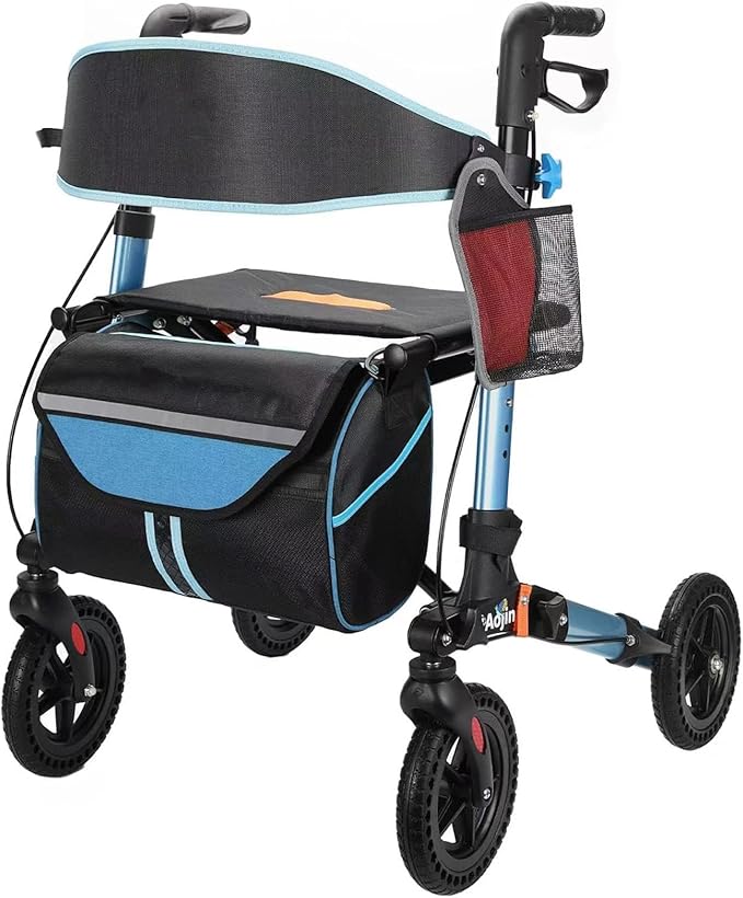 Foldable Rollator Walkers with Seat for Seniors, Lightweight All Terrain Rolling Walker with seat, Aluminum Walkers with 8 inch Rubber Wheels, Handles and Backrest (Blue)