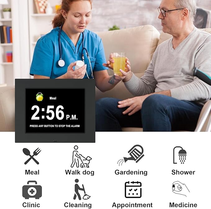 TSITSC Large Digital Calendar Day Clock for Seniors, 8" Dementia Clock with 12 Alarms + Auto-Dimming, Day and Time Clock for Elderly Impaired Vision Memory Loss with Remote Control(Black)