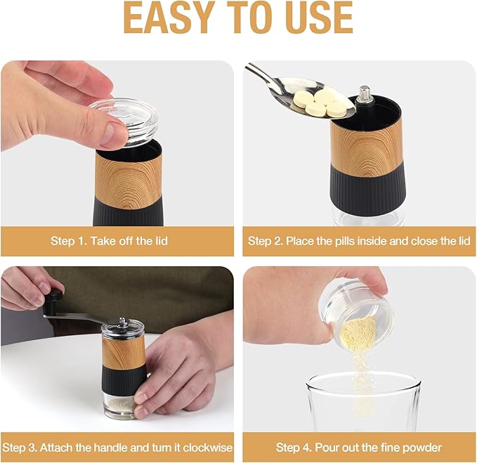 Small Portable Pill Crusher Grinder to Fine Powder for Elderly - Crushes Multiple Pills, Small and Large Medication and Vitamin Tablets - Great for Feeding Tube, Kids, Pets - Ideal for Travel (Wood)