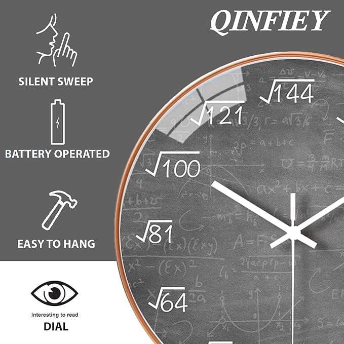 QINFIEY 10 Inch Math Wall Clock Silent Non Ticking Movement Quality Quartz Wall Clock for Office Classroom/School/Home/Kitchen/Living Room Wall Decorations (Grey)