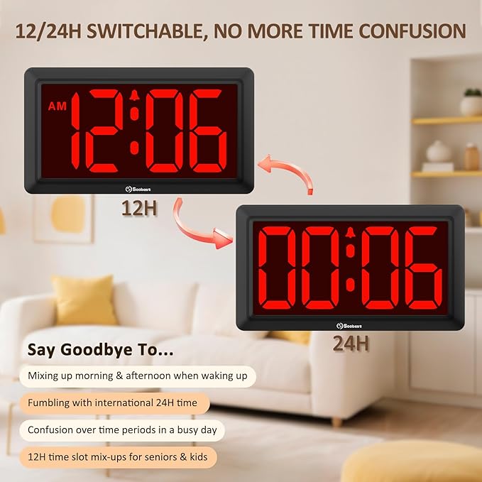 Soobest 9.5 Inch Large Digital Wall Clock Battery Operated, Auto & Manual Dimmer Display, Easy to Read Big Digits with Alarm for Seniors, Modern Decor for Living Room, Bedroom, Office (3.2" Numbers)
