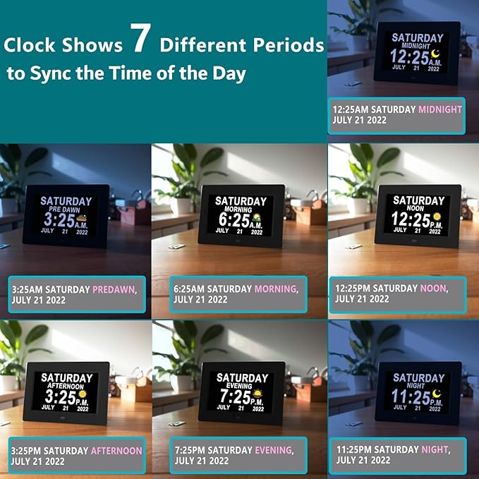 Véfaîî Upgraded Large Digital Calendar Clock with Day Night Icons for Elderly, 20 Custom Reminders, Auto DST, 10 Levels Night Dimmer, 8 Colors 3 Display Modes,10 Levels Volume, 7" Black with Remote