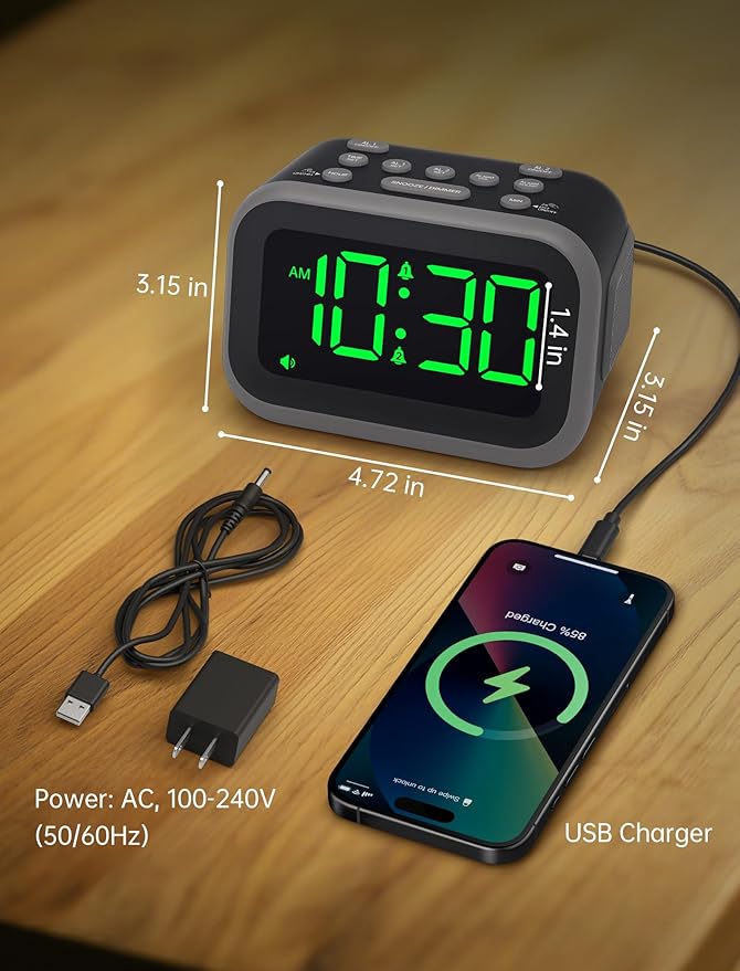 Acedeck Super Loud Alarm Clock for Heavy Sleepers: 115dB Dual Alarms and 6 Alarm Sounds for Bedroom - Large Numbers 5 Dimmers for All Ages Green Digits