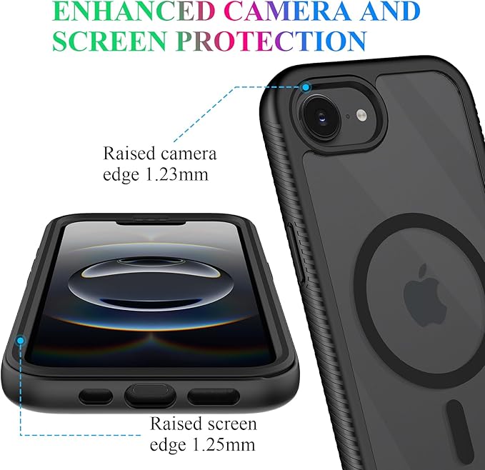 wahhle Compatible with iPhone 16e Case, Magnetic Built in Screen Protector Full Body Shockproof Slim Fit Bumper Protective Phone Cover Men Women 6.1“-Black/Clear