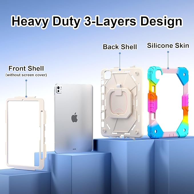 Dteck for iPad Pro 11 inch (M4/M5) 2024/2025 Release Shockproof Case with Shoulder Strap/Pencil Holder/Rotating Kickstand Handle, Heavy-Duty Sturdy Rugged Cover, Protective Tablet Shell, Colorful