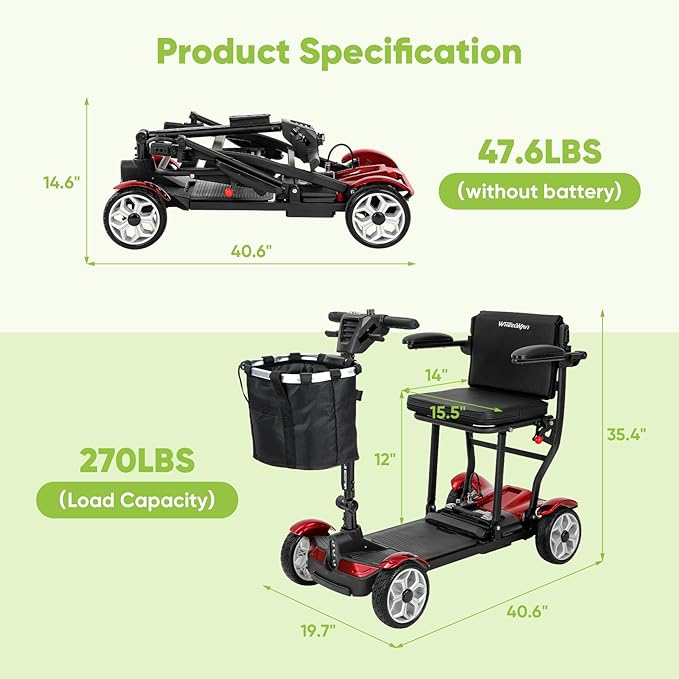 (2026 Upgrade) Lightweight Mobility Scooter for Seniors & Adults, Folding Mobility Scooters, Light Weight 24.8 Miles Trave Foldable 4 Wheeler, Removable Lithium Battery, 300lb Capacity-Gloss Red