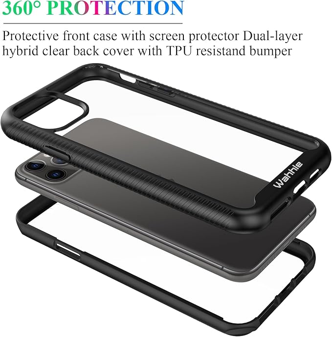 wahhle Compatible with iPhone 11 Pro Max Case, Built in Screen Protector Full Body Shockproof Slim Fit Bumper Protective Phone Cover 6.5'' Men Women-Black/Clear