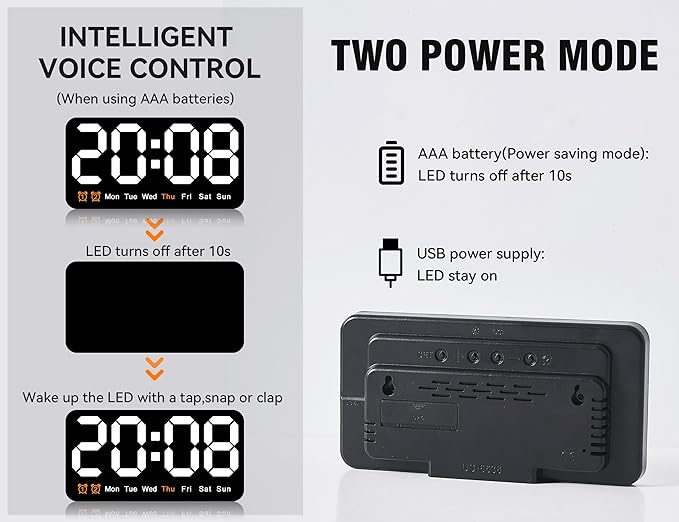 9.5 Inch Large Digital Wall Clock with LED Display, Auto DST, Dual Alarm with Snooze, Adjustable Brightness, Temperature & Date Display, Wall Mount or Desk Clock for Bedroom, Living Room, Office-White