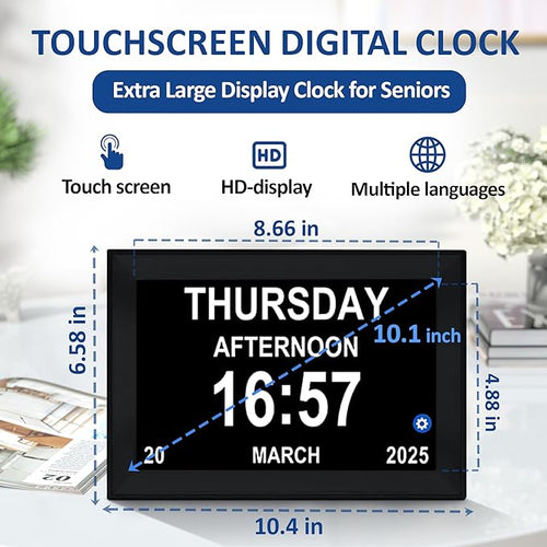 10.1" Touchscreen Digital Calendar Alarm Clock, Dementia Clocks for Seniors Extra Large Display Clock with Day and Date for Elderly, 40 Reminders&64 Alarms&Auto-Dimming&Auto DST(Black)