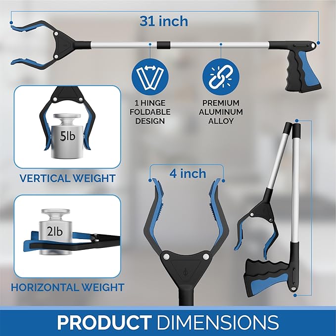 FitPlus 2025 Upgrade PowerGrip T9, Grabber Reacher Tool, Wide Jaw, Foldable, Steel Cable, with 96 Grip Points