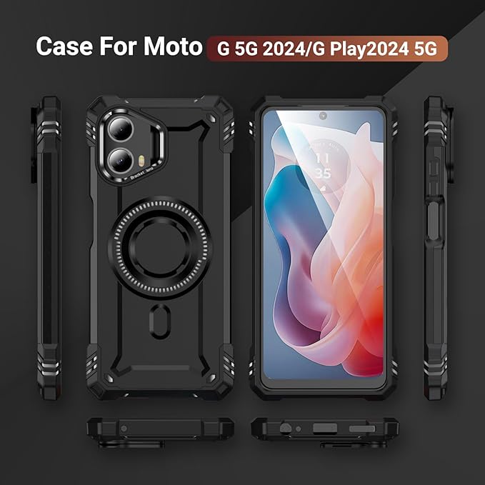 Moto G 5G 2024 Case with Stand, Military-Grade Protection, 2X Tempered Glass Screen Protector, J Black