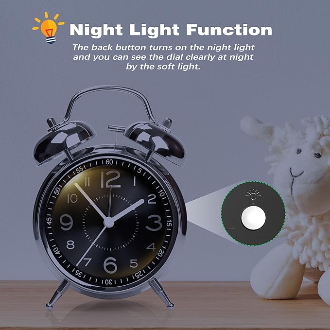 AYRELY Super Loud Alarm Clock for Heavy Sleepers Adults,Twin Bell Retro 4 Inch Silent Non-Ticking Quartz with Backlight, Metal dial, Alarm Clocks for Bedrooms Bedside (Black)