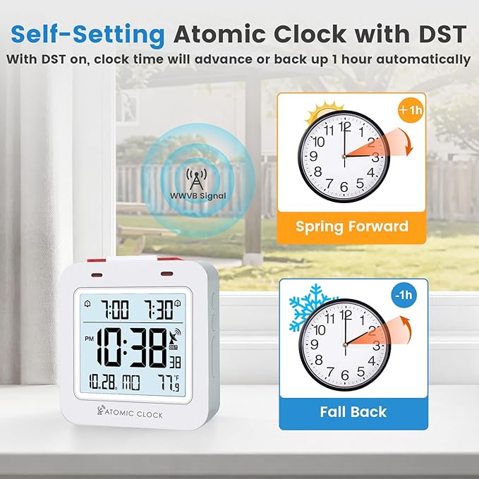 Small Digital Atomic Alarm Clock for Bedroom, 3.15 Inch Portable Travel Clock with Dual Alarms and Snooze, Indoor Temperature, 8s Backlight, Battery Included, White