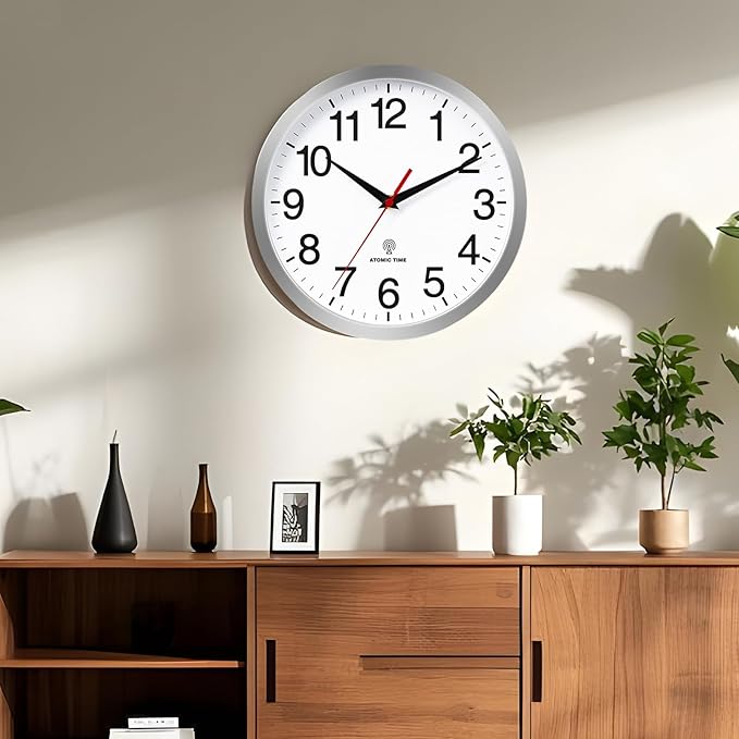 Rohioue Atomic Wall Clock Modern 14 Inch Battery Operated Analog Clock Decorative for Bedroom Kitchen Bathroom Office Home Living Room (Silver)