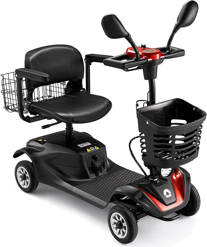 Compact 4 Wheel Mobility Scooter with Display, Foldable Electric Scooter for Seniors and Adults, Heavy Duty Travel Model with Lights, Basket, and Long-Lasting Extended (Black + Red)