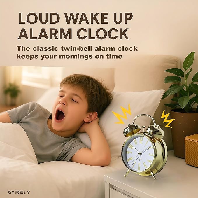 AYRELY Super Loud Alarm Clock for Heavy Sleepers Adults,Twin Bell Retro 4 Inch Silent Non-Ticking Quartz with Backlight, Metal dial, Alarm Clocks for Bedrooms Bedside (Gold-White)