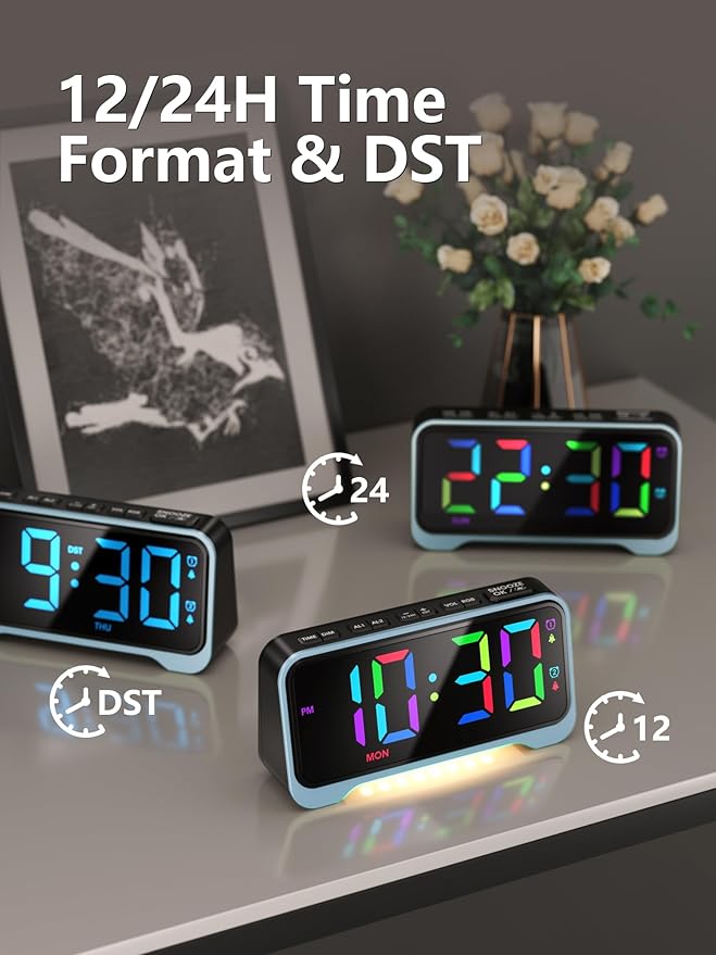 Digital Alarm Clock with RGB Display for Kids & Teens, Dual Alarms, Adjustable Volume, Night Light, USB Charging, Snooze, Battery Backup, for Bedroom, Nursery, Dorm, School