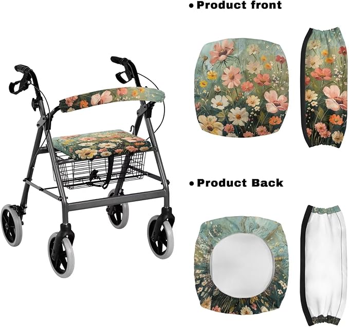 3 Pcs Sets Universal Fit Walker Seat Cover Rollator Walker Seat & Backrest Covers, Wildfloral Rollator Storage Under Seat Bag, Easy to Install Washable Reusable