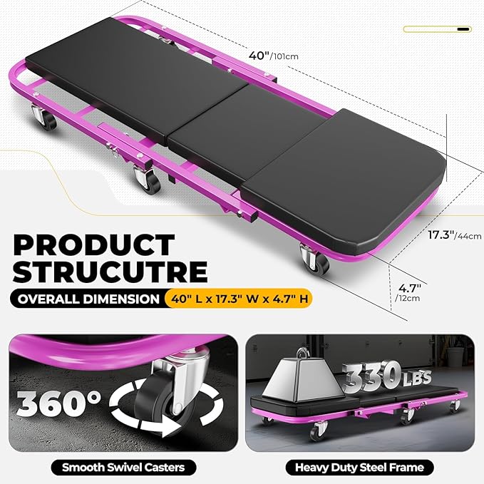 Auto Dynasty 40" Z-Creeper Seat, 2-in-1 Foldable Garage Creeper Shop Seat, 330 LBS Capacity Automotive Mechanic Repair Under Car Rolling Creeper Seat, Purple