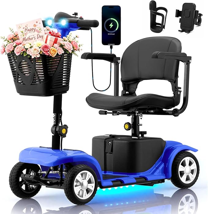 Mobility Scooter for Adults, 4 Wheels Lightweight Scooter, Foldable Mobility Scooter Long Range for Travel, Adults, Elderly, Supports 300 lbs, Powered Wheelchair with Charger & Basket (Blue)