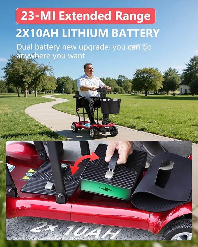 Powered Mobility Scooter for Adults, Seniors - 23MI Extra Long Range Foldable 4 Wheel Electric Motorized Scooter for Travels with Airport Approved Dual Batteries, All Terrain Motorized Scooter (Red)