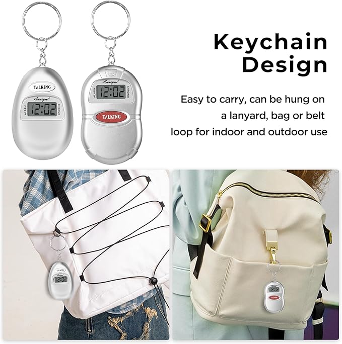 2 Pack Talking Clock for Blind Keychain Alarm - Small Digital Clock with Alarm for Visually Impaired Digital Alarm Clock for Kids, Elderly, Silver