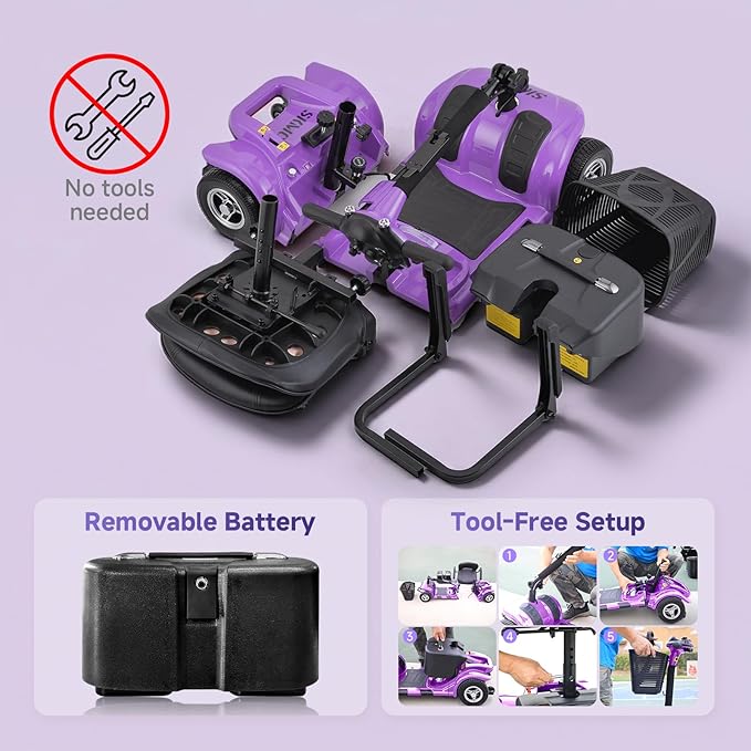 XERATH Mobility Scooters for Seniors Lightweight and Portable,Mobility Scooter with LED Headlights and Basket,lightest Foldable Mobility Scooter 4 Wheels Electric Powered Chargeable Device (Purple)