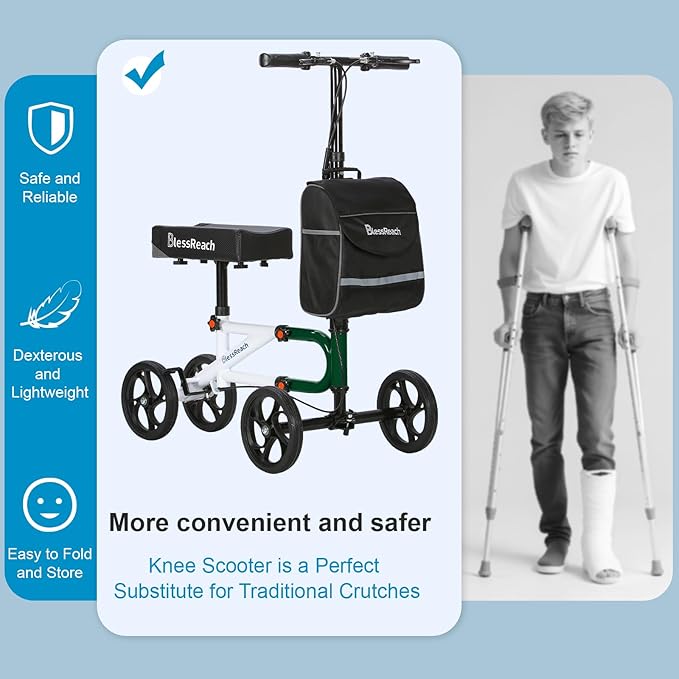 BlessReach Knee Scooter Steerable Knee Walker for Foot Injuries Compact Crutch Alternative with Dual Braking System (Green)