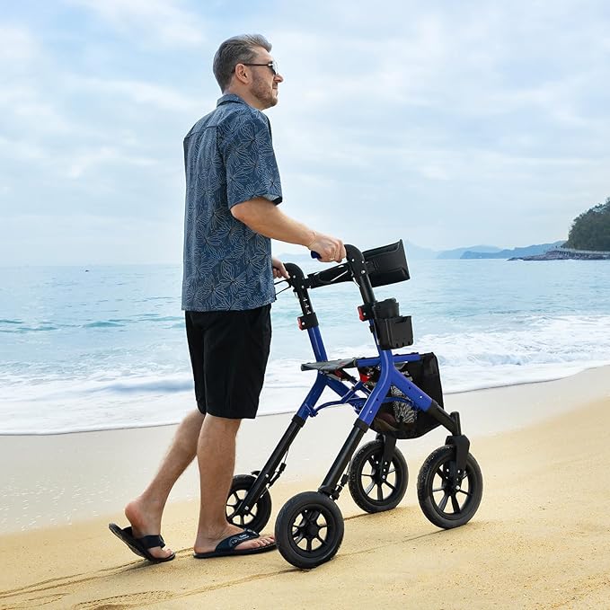 MAXWALK Rollator Walker with Seat, Tall Walkers for Seniors, 12" Big Rubber Wheels All Terrain Rollator Walker with Backrest, Built-in Cable, Foldable and Dual Adjustable Height for 5.3-7ft, Blue