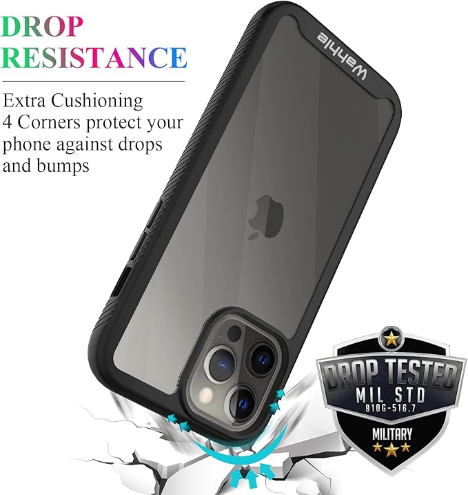 wahhle Compatible with iPhone 12 Pro Max Case, Built in Screen Protector Full Body Shockproof Slim Fit Bumper Protective Phone Cover 6.7'' Men Women-Black/Clear