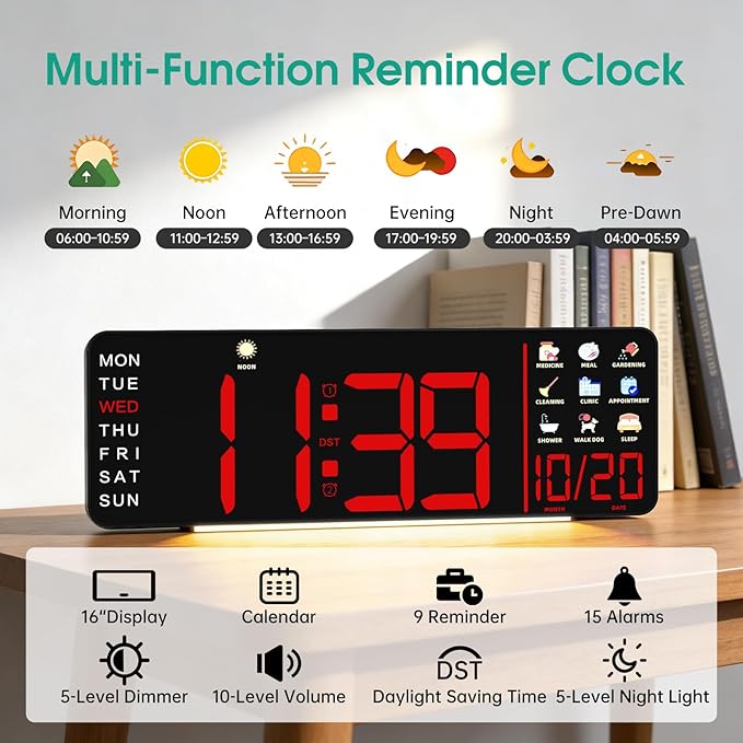 Hoifen Clock with Day and Date for Seniors, 16" Large Display Digital Calendar Dementia Wall Clock for Memory Loss with Time Periods & Task Reminders, Remote Control, Night Light, Auto Dim&DST (Red)