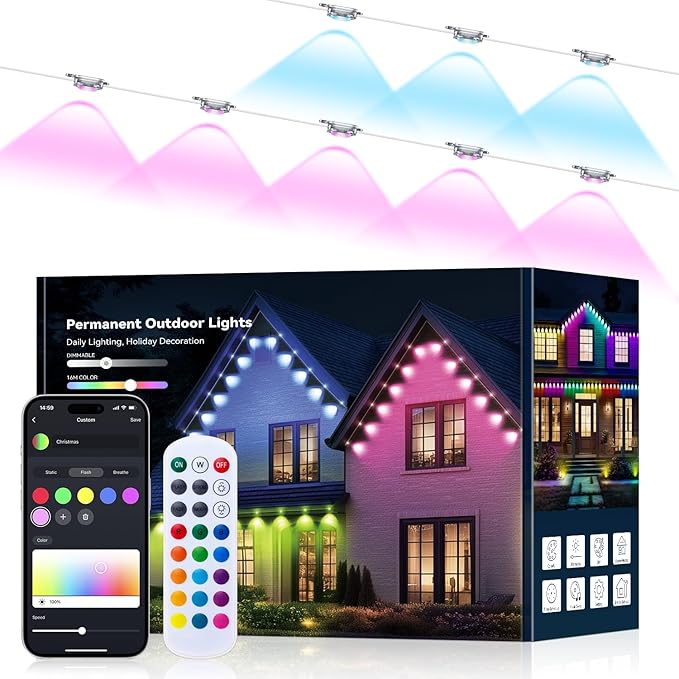 150FT Permanent Outdoor Lights for House, Smart RGB LED Eaves Lighting with APP & Remote Control, IP67 Waterproof Christmas Lights for Holidays, Parties & Year-Round Décor
