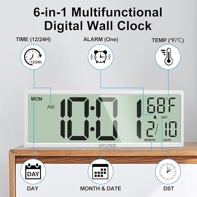 14.5'' Large Digital Wall Clock Battery Operated with Jumbo Numbers, Auto DST, Day, Date, Alarm, Temperature for Living Room, Bedroom, Desk Decor, Gift, LCD Screen Display Easy to Read and Set