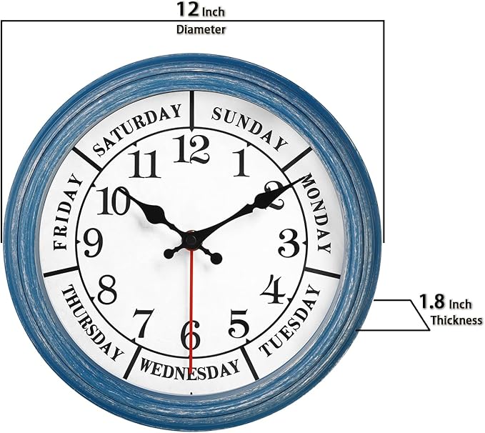 JENLYSTIME 12 Inch Retro Wall Clock,Classic Day of The Week Wall Clock,Silent Non Ticking Battery Operated Movement(Blue)
