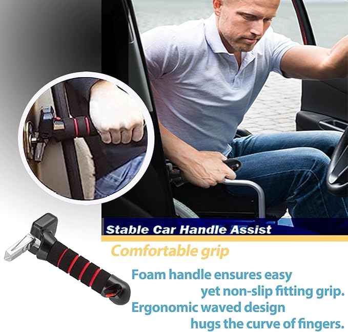 3 in 1 Vehicle Support Handles, Elderly Portable Automotive Door Assist Handle, Seatbelt Cutter and Window Breaker for Elderly and Handicapped (Red Handles *2)