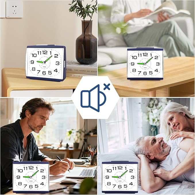 DTKID Large Alarm Clock for Bedside, Silent Non-Ticking Analog Clock with Night Light, Battery Powered, Gradually Increasing Alarm for Heavy Sleepers, Seniors
