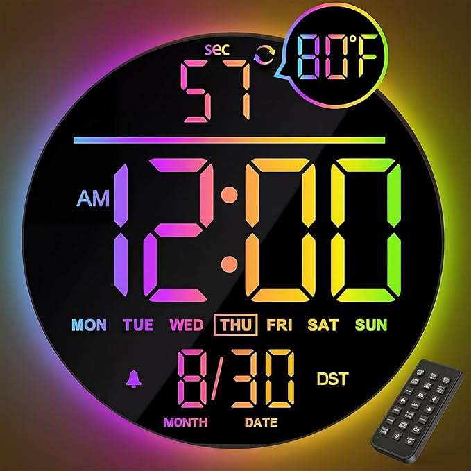 JALL 10" Large Digital Wall Clock with Seconds, Alarm Countdown Timer, Big LED Display, RGB Color, DST, Temperature, Mounted for Bedroom Living Room Office Classroom Gym, Xmas Birthday Gift, RGB