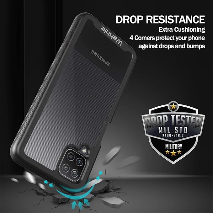 wahhle Compatible with Samsung Galaxy A12 Case, Built in Screen Protector Full Body Shockproof Slim Fit Bumper Protective Phone Cover for Samsung A12 Men Women-Black/Clear