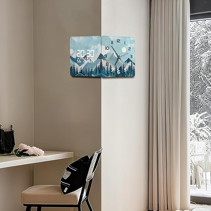 12'' Double Sided 90° Corner Wall Clock, Teal Mountain Moon, Radar Motion Activated, Analog & LED Display with Temp Humidity Date Day, Silent Non-Ticking Plug-in for Bedroom Living Room
