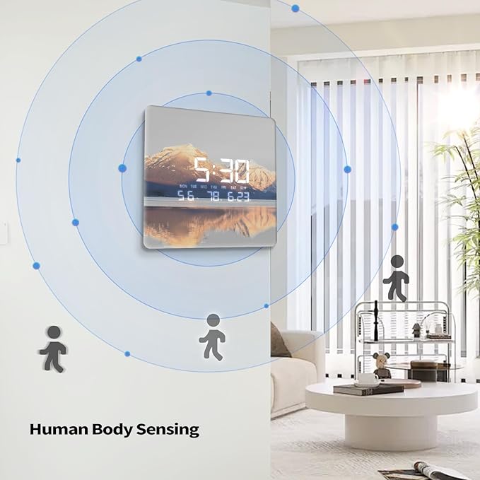 12'' Double Sided 90° Corner Wall Clock, Golden Sunrise & Lake, Radar Motion Activated, Analog & LED Display with Temp Humidity Date Day, Silent Non-Ticking Plug-in for Living Room Hallway